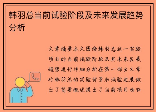 韩羽总当前试验阶段及未来发展趋势分析